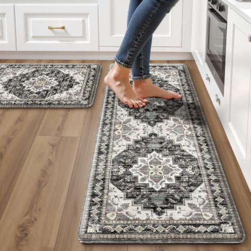Boho Kitchen Mats for Floor 2PC Anti Fatigue Kitchen Rugs, Black Brown Grey by tubeamin