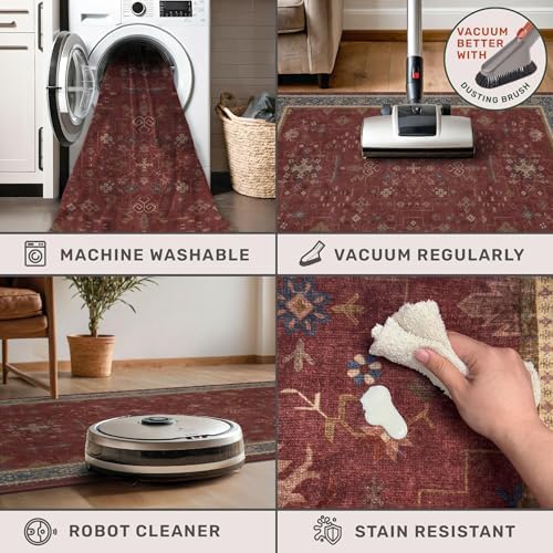 Boho 2x5 Small Kitchen Runners Rugs Non Slip - Washable Soft Area Rugs for Bedroom, Floral Non Skid Runner Carpet for Bathroom, Laundry Room, Hallway, Entryway (Dark Red) - Image 4