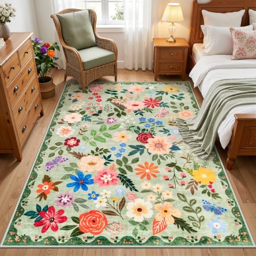 PLHXFR Area Rug Living Room: 3x5 Floral Washable Boho Soft Carpet Green - Image 2