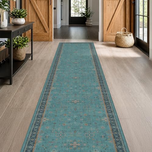 Vintage 3x12 Long Hallway Runner Rug - Teal Boho 3x12 Kitchen Floor Mat, Low Pile Thin Carpet for Bedroom Bedside, Washable Modern Eclectic Boho Design Décor by HazoHaus