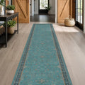 Vintage 3x12 Long Hallway Runner Rug - Teal Boho 3x12 Kitchen Floor Mat, Low Pile Thin Carpet for Bedroom Bedside, Washable Modern Eclectic Boho Design Décor by HazoHaus