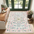 PLHXFR Area Rug Living Room: 3x5 Floral Washable Boho Carpet Pink Green by PLHXFRSoftAreaRugs