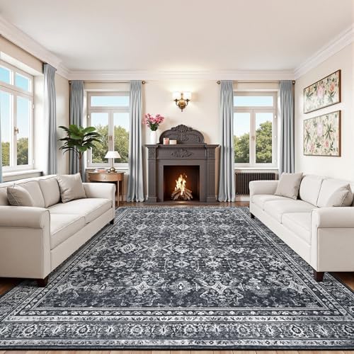 9x12 Area Rugs for Living Room, Black Washable Non-Slip Large Carpet by Lofus
