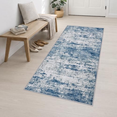 3x8 Washable Runner Rug：Modern Abstract Kitchen Soft Carpet Blue - Image 3