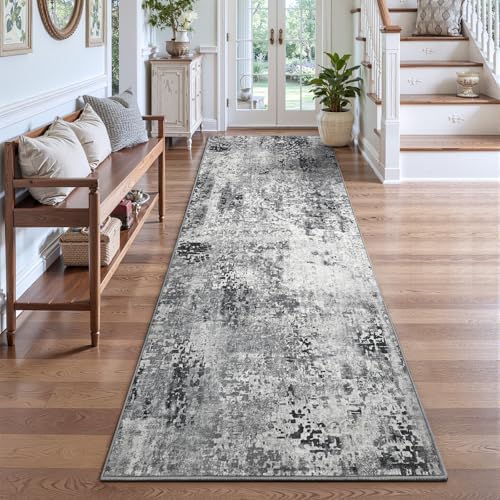 2x8 Grey Rug Runners for Hallways Kitchen Runner Rug Non Slip Washable Black Long Runner Rugs with Rubber Backing Soft Abstract Carpet Runner for Bedroom, Kitchen, Bathroom, Entryway by OmpaaHomeDecor