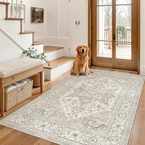 Madane Area Rug 3x5, Washable Vintage Entry Rugs for Bedroom, Beige/Brown by Madane