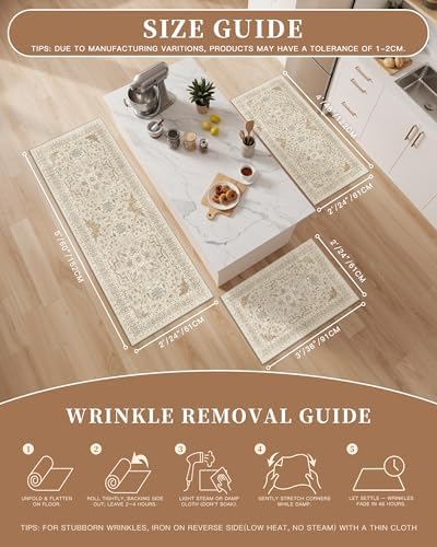 Madane Washable Kitchen Rug Set of 3 Small Area Rugs Non-Slip, Beige/Blue - Image 5