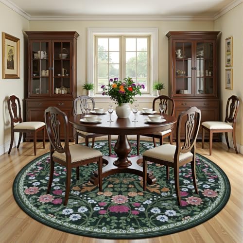 PLHXFR Round Area Rug Living Room: 8 ft Floral Washable Carpet Dark Green - Image 3