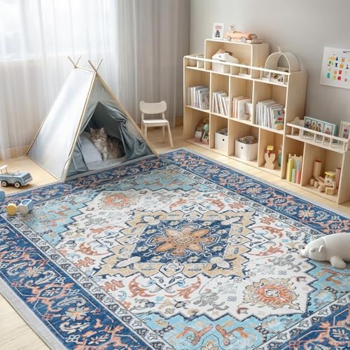 Lofus 5x7 Area Rugs for Living Room Bedroom, Soft Boho Carpet Floral Blue - Image 3