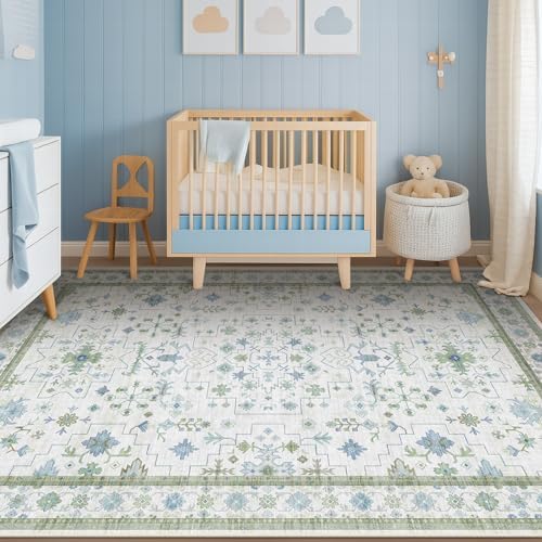 Hazo Haus Oushak Area Rug for Bedroom 5x7 - Blue and Green Vintage Boho Floral Geometric, Washable Low Pile Non Slip Area Rugs for Nursery Room, Foyer, Cozy Aesthetic Room Decor - Image 3