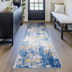 RELEANY Washable Runner 2'x10' Abstract Area Rug for Hallway Blue Gold - Image 4