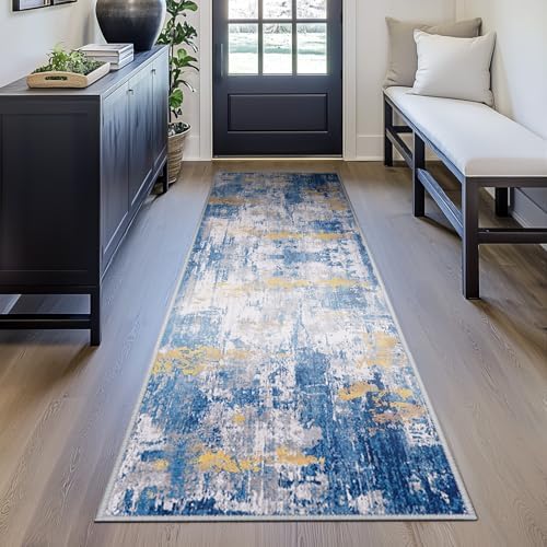 RELEANY Washable Runner 2'x10' Abstract Area Rug for Hallway Blue Gold - Image 4