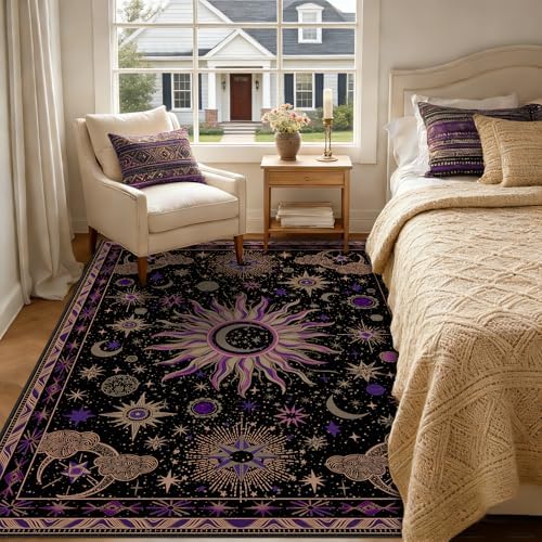 Vacuum-Friendly, 7x9 Washable Area Rug, Black Purple Beige - Image 2