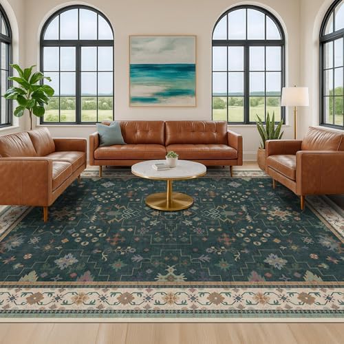 Hazo Haus Vintage 8x12 Large Area Rugs for Living Room - Oriental Dark Green Rug for Bedroom Under Bed, Washable Soft Dining Room Rug Under Kitchen Table, Low Pile Non Slip Unique Indoor Décor by HazoHaus