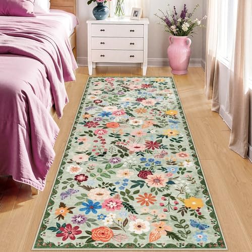 PLHXFR 2x6 Washable Runner Rug：Floral Indoor Kitchen Soft Carpet Green - Image 2