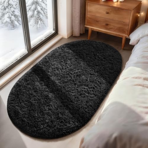 Ophanie 3x5 Oval Black Rugs for College Dorm, Bedroom Small Area Rug, Non-Slip Fluffy Shaggy Bedside Soft Shag Fuzzy Plush Carpet for Kids Boys Teen Home Decor Aesthetic with Over 99 pcs Pile fibers - Image 5