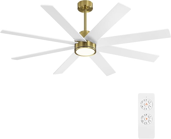 WINGBO 60" Large DC Ceiling Fans with Lights and Remote, 3 Downrods, 8 Plywood Blades, 6-Speeds Reversible DC Motor, 3CCT, Indoor Ceiling Fan for Bedroom Living Room Patio, Brass and White