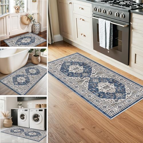 Washable 4-Piece Kitchen Floor Mats: Farmhouse Non-Slip Kitchen Sink Rug Easy Clean Water-Resistant Runners for Hallway Bathroom Soft Decorative Carpet for Pet Feeding Area(2x3+2x4+2x5+2x6,Blue) - Image 5