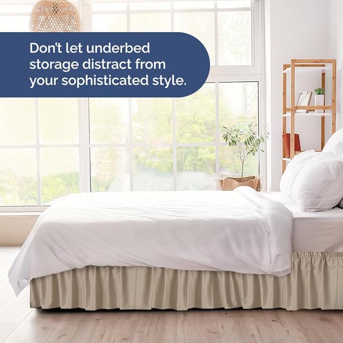 Wrap Around Dust Ruffle Bed Skirt - Cream - for Full Size Beds w/ 14 Inch Drop - Easy Fit Elastic Strap - Adjustable Pleated Bedskirt w/Brushed Fabric, Wrinkle & Fade Free Women, Men, Kids & Teens