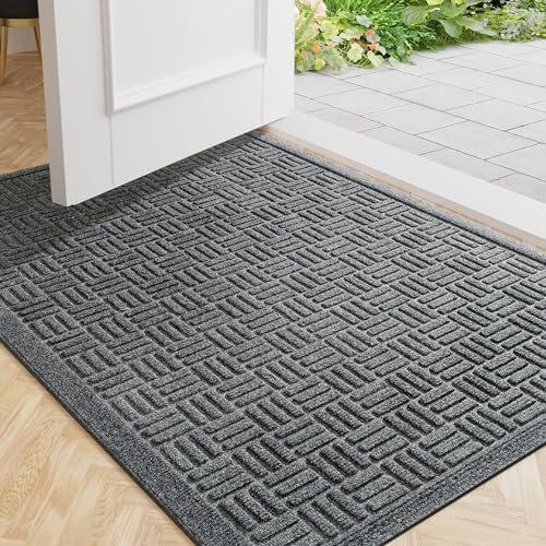 Mibao Front Door Mat Outside Entrance, 29.5" x 17", Heavy Duty Welcome Mat, Stain and Fade Resistant, Dirt Trapper Doormat, Super Absorbent Indoor Outdoor Entryway Mat with Non-Slip Backing, Gray by Mibao