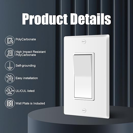 ThunderWay Single Pole Decorator Wall Light Switch with Wall Plate, 15A 120V/277V, On/Off Paddle Switch, Residential Grade - UL Listed, White (30)