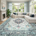 RELEANY Washable Area Rug, Large 9'x12', Teal Green/White/Navy by RELEANY