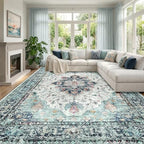 RELEANY Washable Area Rug, Large 9'x12', Teal Green/White/Navy by RELEANY