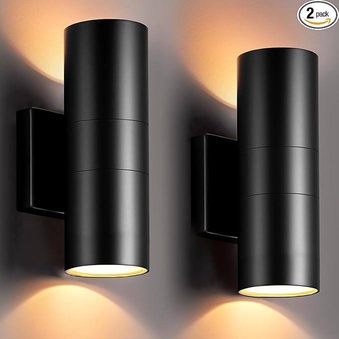 wowlite Dusk to Dawn Outdoor Light Fixture, Up and Down Lights Outdoor Lights for House, Waterproof Modern Cylinder Black Exterior Lighting Fixtures for Front Door Garage ETL Listed, 2 Pack