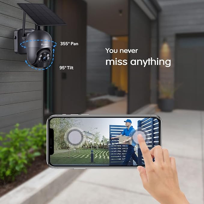 Ctronics 3MP Solar Security Camera Wireless Outdoor WiFi, PTZ Surveillacne Camera Battery-Powered for Home Security, 360° View, LED Light Color Night Vision, PIR Human Detection, 2-Way Audio (Grey)