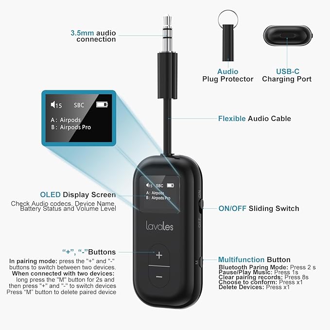 SafeFly Dual Bluetooth Transmitter, 3.5mm AUX Wireless Audio Adapter W/Screen for Airplanes to Wireless Headphones, APTX Low Latency, Dual Pairing, 30H Battery, Audio Adapter for TV/Gym/Gaming -Black