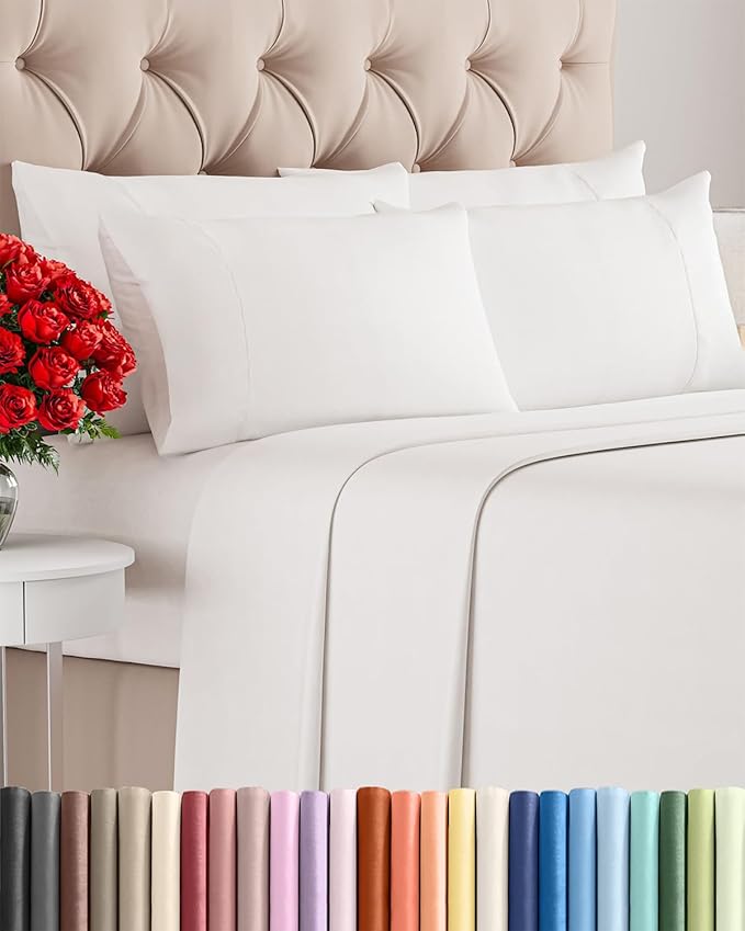 Full 6 Piece Sheet Set - Cooling, Comfy & Breathable - Hotel Luxury Bedding, Includes Fitted Sheet for Women, Men, Kids & Teens - 1 Flat, 1 Fitted Sheet, 4 Pillowcases w/Deep Pockets - Antique White
