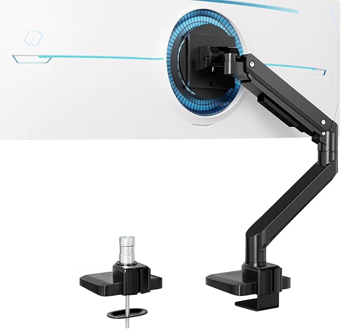Premium Heavy Duty Monitor Arm for 17 to 49 inch Screens up to 44lbs, Fully Adjustable Ultrawide Single Clamp-on Desk Mount Stand, VESA 75x75/100x100mm (Black)