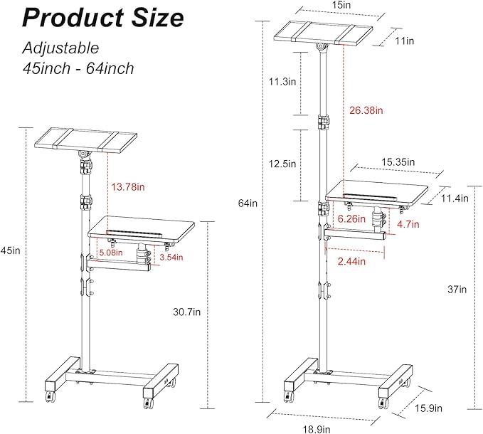 Facilife 2 Shelves Projector Stand Tripod, Height Adjustable Max 64", Mobile Laptop Cart on Wheels Projector Tripod Stand, Overbed Table with Wheels, Rolling Laptop Floor Stand for Couch