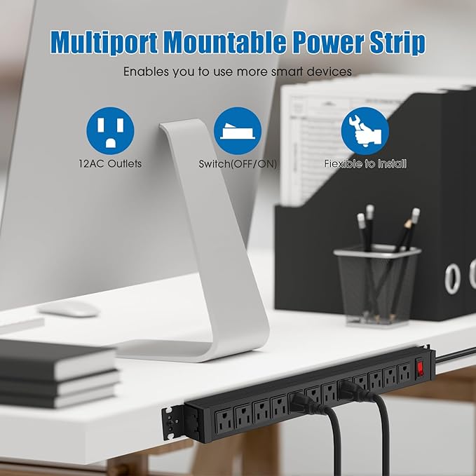 HHSOET 2 Pack Rotating Mountable Power Strip, 12 Outlet Wall Mount Surge Protector, Metal Heavy Duty and Versatile Outlet Strip, Stylish Appearance, Sturdy and Durable, 10ft Power Cord.(Black)