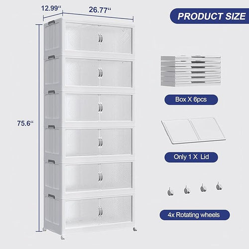 720QT Plastic Stackable Storage Bins with Lid, 180GAL Extra Large Collapsible Box with Wheels Clear Door, Foldable Closet Organizer Container Cabinet Drawer for Home Kitchen，6Pack, White
