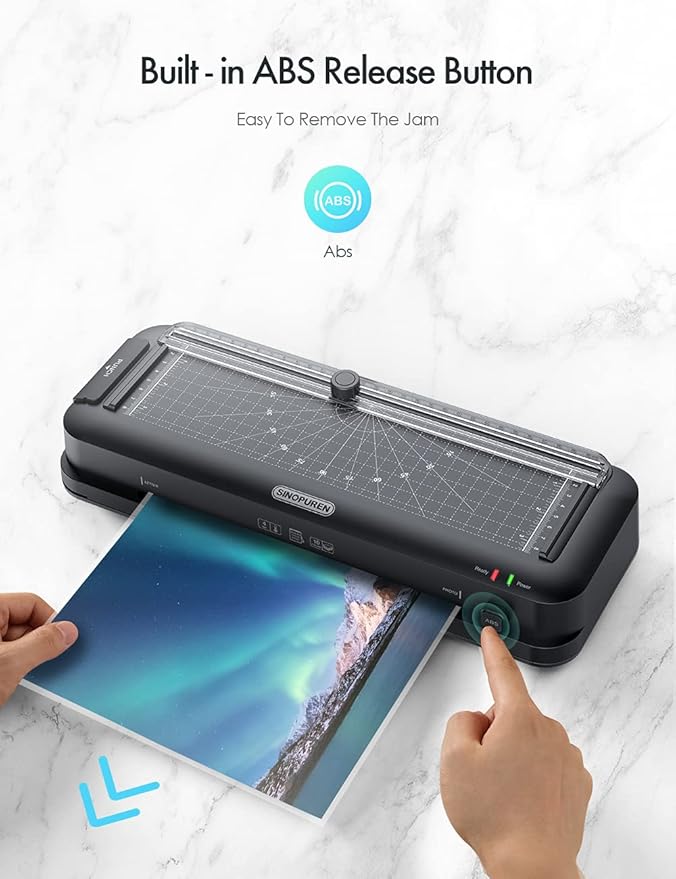 SINOPUREN 9-Inch Laminator Machine, Fast 3-Min Warm-Up, 3-in-1 Thermal Laminator with Built-in Paper Trimmer, 2-Hole Punch, Corner Rounder, Includes 10 Pouches, Ideal for Home, Teachers & Office