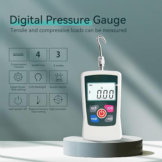 GOYOJO Digital Force Gauge High-Precision Push-Pull Meter for Tension & Compression Testing Units (N, kg, lb, oz) Real-Time/Peak/First Peak Modes Ideal for Quality Control & Material Testing (10N)