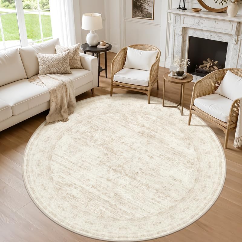 Round Area Rug Living Room: 6ft Washable Carpet Retro Beige by Luxturiy