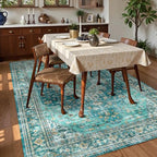 Washable Area Rug 8' x 10' Vintage Traditional Persian Mat - Foldable Distressed Non-Slip Machine Washable Carpet for Living Room Bedroom Kitchen Home Decor - Teal and Gold - Image 3