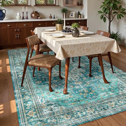 Washable Area Rug 8' x 10' Vintage Traditional Persian Mat - Foldable Distressed Non-Slip Machine Washable Carpet for Living Room Bedroom Kitchen Home Decor - Teal and Gold - Image 3