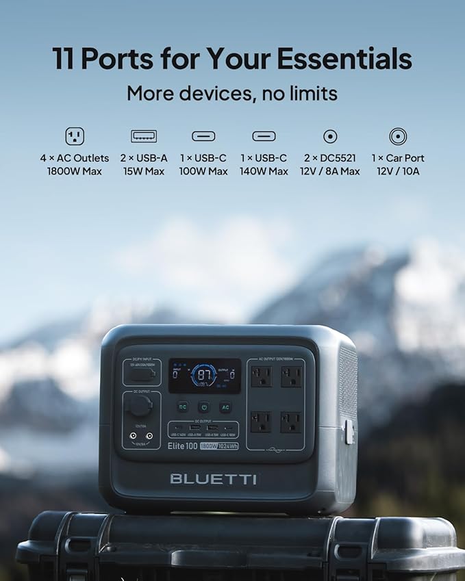 BLUETTI Solar Generator Elite 100 V2 with 2 200W Solar Panel (ship separately), 1024Wh Portable Power Station w/ 4 1800W AC Outlets, 35% Smaller, Ideal for Camping, Emergencies, Backup Power