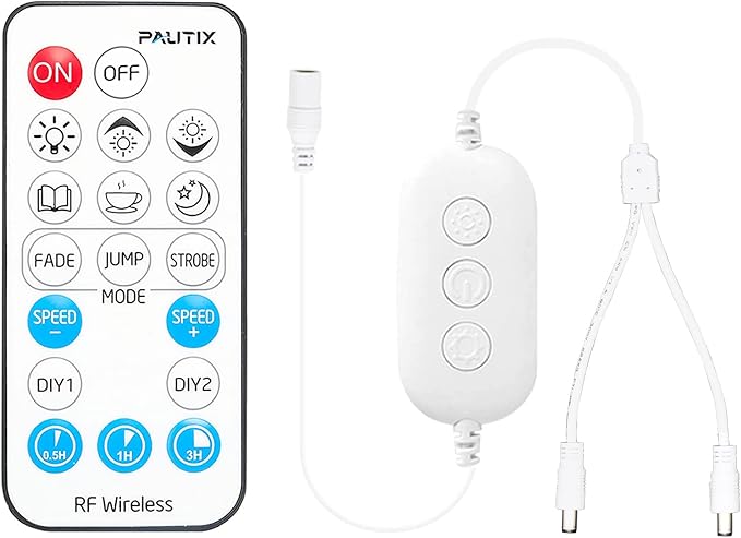 PAUTIX 2-Way LED Dimmer Controller with RF Remote for Single Color LED Strip Lights,18-Key Wireless Remote and in-line Controller DC 12V-24V for 3528/2835/5050/COB LED Tape Lights,Timer Function