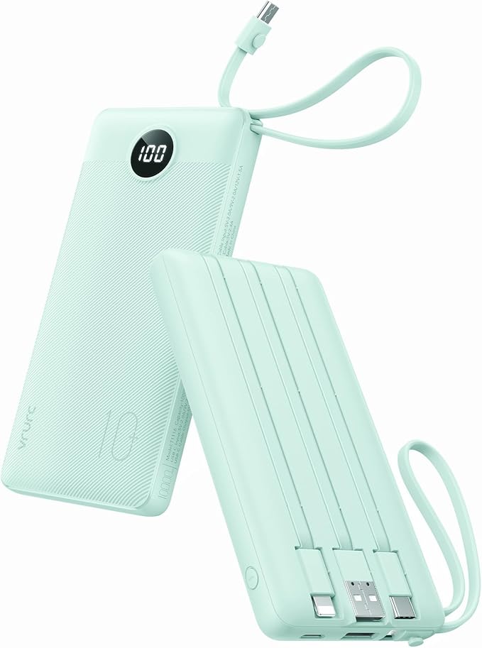 VRURC Portable Charger for iPhone, 22.5W Fast Charging Power Bank 10000mAh, USB C Battery Pack 4 Outputs 3 Inputs, Slim Phone Charger with Cables for iPhone 17 16 15 14 13,Samsung Galaxy-Green(1 Pack)