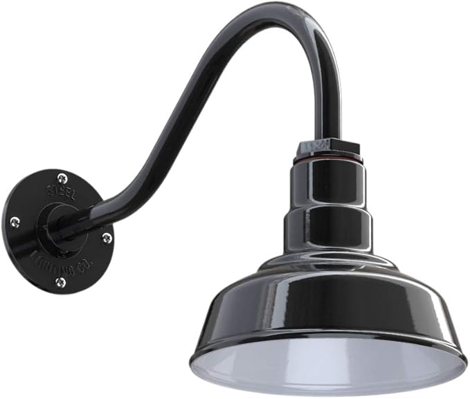 Steel Lighting Co. Hawthorne Barn Light | Outdoor Wall Mounted | 8 inch Dome | 16 inch Gooseneck| Small Farmhouse Light Made in America | Black Exterior/White Interior