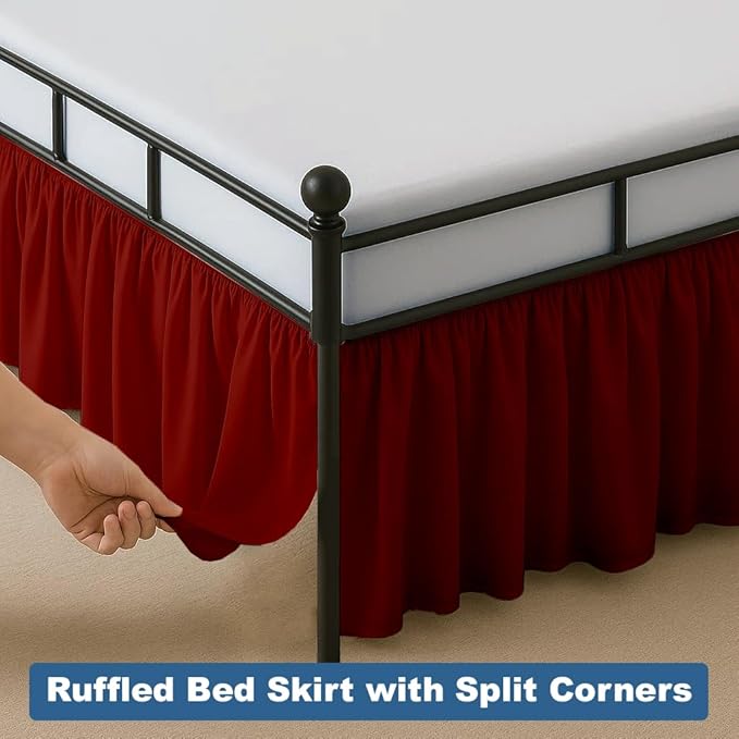 Ruffled Bed Skirt Split Corners with Platform, Tailored Fit Hotel Quality Wrinkle Free Ultra-Soft Microfiber Dust Ruffle, Upto 24 Inch Drop, Full, Burgundy