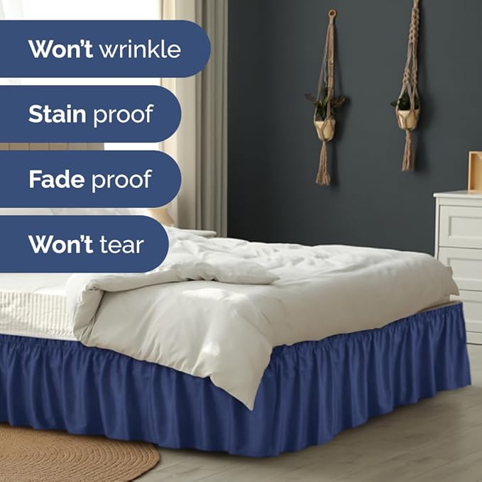 Wrap Around Dust Ruffle Bed Skirt - Navy Blue - for King Size Beds w/ 14 Inch Drop - Easy Fit Elastic Strap - Adjustable Pleated Bedskirt with Brushed Fabric, Wrinkle Free Women, Men, Kids and Teens