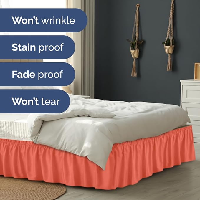 Wrap Around Dust Ruffle Bed Skirt - Coral - Twin/Twin XL Size Beds with 12 Inch Drop - Easy Fit Elastic Strap - Adjustable Pleated Bedskirt w/Brushed Fabric - Wrinkle Free - Women, Men, Kids & Teens
