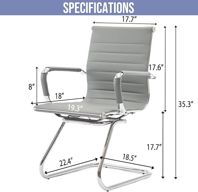 Wahson Office Guest Chairs Set of 8, Leather Reception Chairs, Mid Back Waiting Room Chair, Conference Chairs with Sled Base, Desk Chair No Wheels for Meeting/Lobby/Restroom, Grey