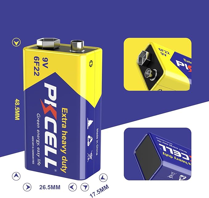 PKCELL 9V Batteries, 2 Pack 9 Volt Batteries Carbon Zinc, 9V Battery for Smoke Detector, Alarms, 6F22 Square Battery