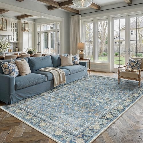 HUGEAR 6x9 Light Blue Vintage Floral Washable Area Rug for Living Room by HUGEAR